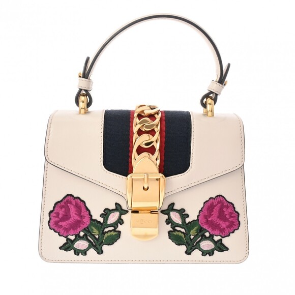 Gucci Handbags - GUCCI Sylvie Flower Embroidery White Leather Canvas Handbag